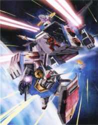 aiming aiming_at_viewer battle beam_cannon beam_rifle cloud core_fighter damaged dirty earth_(planet) earth_federation_space_forces energy_beam energy_gun explosion firing guncannon gundam hangar highres in_orbit mecha missile mobile_suit mobile_suit_gundam open_hatch painting_(medium) planet realistic robot roundel rx-78-2_gundam scan shield shoulder_cannon space spacecraft starfighter tenjin_hidetaka thrusters traditional_media turret v-fin weapon white_base zaku_ii