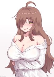Rule 34 | 1girl, ahoge, bare shoulders, blush, breasts, brown eyes, brown hair, cleavage, highres, kono subarashii sekai ni shukufuku wo!, large breasts, long hair, one eye covered, shirt, varia ranto, wiz (konosuba)