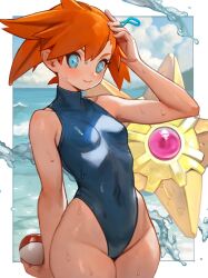 1girl abs adapted_costume aqua_eyes armpits asymmetrical_hair bare_legs beach bikini blue_bikini blue_eyes blush breasts cowboy_shot creatures_(company) curvy day eyelashes female_focus game_freak gen_1_pokemon gym_leader hair_tie highleg highleg_one-piece_swimsuit highres holding holding_poke_ball legs misty_(pokemon) muscular navel nintendo one-piece_swimsuit orange_hair outside_border poke_ball pokemon pokemon_rgby poritive shiny_skin shirt short_hair shorts side_ponytail small_breasts solo staryu swimsuit thick_thighs thighs water wet wide_hips