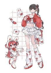 2girls animal_ears black_eyes black_hair blush breasts chibi cleavage closed_mouth fake_animal_ears fake_tail food fork fruit grey_hair hair_ribbon highres inkya_gyaru_demo_ikigaritai! kashiwagi_tsukiko kuran_arisa layered_skirt leg_warmers letter long_hair long_sleeves midriff multiple_girls navel ogino_ichiko open_mouth rabbit_ears rabbit_tail red_eyes red_hair red_ribbon ribbon shirt shoes side_ponytail simple_background skirt strawberry tail two_side_up white_background white_leg_warmers white_shirt white_shoes white_skirt