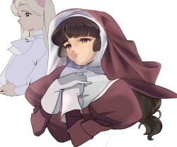 Rule 34 | 2girls, animal ears, arched bangs, black eyes, breasts, brown eyes, brown hair, cat ears, cat girl, commentary, cropped torso, dress, edoya inuhachi, gloves, guimpe, hands on own chest, head tilt, highres, juliet sleeves, long hair, long sleeves, low-tied long hair, medium breasts, multiple girls, neckerchief, nun, original, own hands together, parted lips, puffy sleeves, red dress, red veil, simple background, snout, solo focus, traditional nun, upper body, veil, white background, white dress, white gloves, white neckerchief, wimple