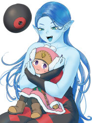 2girls age_difference arinsu_(kodamamaimai) bare_shoulders black_dress black_pantyhose blue_eyes blue_hair blue_skin blush boots bridal_gauntlets brown_boots brown_mittens coat collarbone colored_skin dragon_quest dragon_quest_viii dress fangs fur-trimmed_boots fur-trimmed_coat fur-trimmed_headwear fur_trim furrowed_brow hug long_hair mittens multiple_girls pantyhose pointy_ears purple_eyes purple_nails simple_background sitting sitting_on_lap sitting_on_person size_difference swimsuit white_background witch_lady_(dq8)