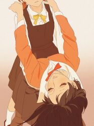 Rule 34 | 2girls, 55bata6rou, black dress, black hair, closed eyes, collared shirt, dress, head out of frame, highres, kneehighs, koito yuu, leaning back, long hair, long sleeves, multiple girls, nanami touko, orange hair, outstretched arms, pinafore dress, school uniform, shirt, short hair, short twintails, sleeveless, sleeveless dress, smile, socks, standing, tohmi higashi high school uniform, twintails, white shirt, yagate kimi ni naru, yuri