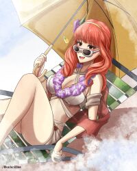 1girl beach beach_chair bikini breasts celica_(fire_emblem) celica_(summer)_(fire_emblem) cleavage fire_emblem fire_emblem_echoes:_shadows_of_valentia fire_emblem_heroes flower flower_hairband flower_necklace hairband highres holding holding_umbrella jewelry kaden08mm large_breasts lei medium_breasts necklace nintendo official_alternate_costume orange_eyes orange_hair red_eyes red_hair red_sash sash sitting solo sunglasses swimsuit umbrella white_bikini