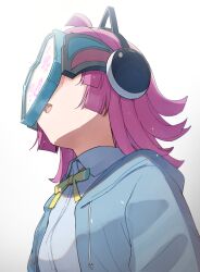 1girl absurdres ahoge animal_ear_headphones animal_ears blue_hoodie blue_shirt blunt_ends blush cat_ear_headphones commentary_request fake_animal_ears from_below headphones highres hood hoodie love_live! love_live!_nijigasaki_high_school_idol_club neck_ribbon nijigasaki_school_uniform open_mouth pink_hair ribbon rina-chan_board school_uniform shirt smile tata_(tataice) tennoji_rina white_background yellow_ribbon