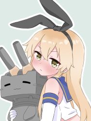 1girl :3 black_ribbon blonde_hair blush cannon closed_eyes gloves green_background green_eyes hair_ribbon hairband holding kantai_collection loli long_hair looking_at_viewer matsu_(pixiv_115467950) midriff rensouhou-chan ribbon school_uniform serafuku shimakaze_(kancolle) shirt sleeveless sleeveless_shirt upper_body white_gloves white_shirt