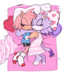 2girls amy_rose animal_ears bed blaze_the_cat cat_ears cat_girl cat_tail closed_eyes cuddling heart heart-shaped_pillow heartludwig hedgehog_girl highres multiple_girls on_bed pillow pink_fur purple_fur sketch sleeping sleepwear smile socks sonic_(series) tail white_socks