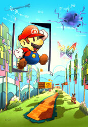 1boy 1girl blue_overalls brown_hair bug butterfly facial_hair gloves goomba hat highres insect long_hair male_focus maribou_(supermaribou) mario mario_(series) mustache nintendo open_mouth overalls paper_mario paper_mario_(character) smile super_paper_mario tippi_(paper_mario) tree white_gloves