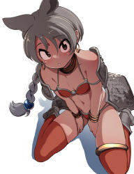 1girl absurdres animal_ears armor bikini_armor boots bracelet brown_eyes choker earrings extra_ears grey_hair hair_ornament highres indian_rhinoceros_(kemono_friends) jewelry kemono_friends long_hair looking_at_viewer mcgunngu navel rhinoceros_ears rhinoceros_girl shoulder_armor simple_background sitting solo thighhighs