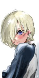 1girl 3: black_sleeves blonde_hair blush commentary_request frown hair_over_one_eye highres jacket jin_(oihlf) letterman_jacket looking_at_viewer looking_to_the_side love_live! love_live!_nijigasaki_high_school_idol_club mia_taylor one_eye_covered purple_eyes short_hair signature simple_background solo white_background white_jacket