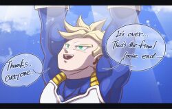 Rule 34 | 1boy, bird, blonde hair, cloud, cloudy sky, dragon ball, english text, grass, green eyes, happy, highres, muscular, muscular male, open sky, saiyan armor, sky, smile, solo, speech bubble, spiked hair, sunlight, super saiyan, trunks (dragon ball), trunks (future) (dragon ball)