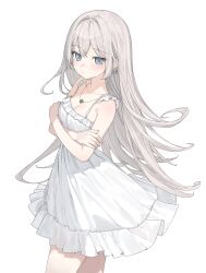 1girl arms_under_breasts bare_arms bare_shoulders blue_eyes breasts cleavage closed_mouth dress earrings frilled_dress frills highres jewelry karyln long_hair looking_at_viewer necklace original simple_background sleeveless sleeveless_dress small_breasts solo sundress very_long_hair white_background white_dress white_hair