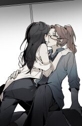 2girls akechi_(826988799) between_legs black_hair black_pants blue_eyes brown_hair character_request commentary_request glasses grey_shirt hand_on_another&#039;s_waist hands_on_another&#039;s_shoulders highres k-pop kiss korean_commentary long_hair multiple_girls off_shoulder pants parted_lips ponytail real_life shirt sweatdrop white_shirt yuri