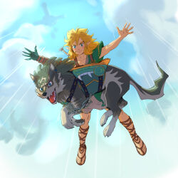 Rule 34 | 2boys, animal, animal ears, artist name, blonde hair, blue eyes, chain, claws, closed mouth, cloud, cloudy sky, collarbone, commentary, cuffs, english commentary, falling, fangs, floating island, grey fur, harness, highres, link, looking down, male focus, mechanical arms, motion lines, multiple boys, nintendo, open mouth, pawpads, pointy ears, sandals, sheath, sheathed, single mechanical arm, sky, skydive, smile, stup-jam, sword, sword on back, tail, the legend of zelda, the legend of zelda: tears of the kingdom, the legend of zelda: twilight princess, twitter username, weapon, weapon on back, wolf, wolf ears, wolf link, wolf tail