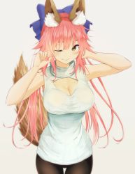 Rule 34 | 1girl, alternate costume, animal ear fluff, animal ears, blue ribbon, blush, breasts, casual, cleavage, cleavage cutout, clothing cutout, contemporary, fang, fate/extra, fate/grand order, fate (series), female focus, fox ears, fox girl, fox tail, hair ribbon, highres, large breasts, long hair, looking at viewer, meme attire, nepu ka, one eye closed, open-chest sweater, pink hair, ribbon, simple background, solo, sweater, tail, tamamo (fate), tamamo no mae (fate/extra), turtleneck, yellow eyes