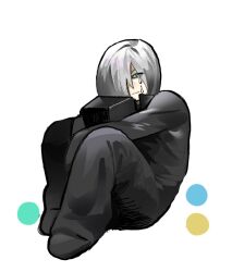 1boy aqua_eyes black_bodysuit black_boots bodysuit boots box crying final_fantasy final_fantasy_vii final_fantasy_vii_advent_children full_body grey_hair hair_over_one_eye highres holding holding_box hugging_object kadaj knees_up m_l274 male_focus medium_hair sad simple_background sitting solo white_background