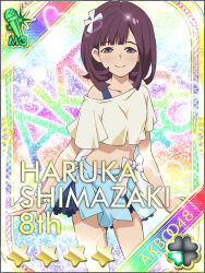 1girl akb0048 arms_at_sides asymmetrical_bangs blue_skirt bow card_(medium) character_name closed_mouth cowboy_shot hair_ornament heart looking_at_viewer medium_hair midriff miniskirt non-web_source official_art purple_eyes purple_hair rainbow_background shimazaki_haruka_(akb0048) shirt skirt smile solo standing star_(symbol) white_bow yellow_shirt