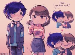 1boy 1girl aqua_shirt arm_behind_back artist_name black_jacket blue_hair blush brown_eyes brown_hair chibi chibi_inset closed_mouth cold commentary couple cowboy_shot cropped_jacket earrings english_commentary grey_eyes grey_skirt headphones headphones_around_neck heart highres jacket jewelry kiss kissing_cheek laikauu long_sleeves looking_at_another looking_at_viewer medium_hair midriff_peek miniskirt motion_lines multiple_views navel official_alternate_costume one_eye_closed open_clothes open_jacket open_mouth pearl_earrings persona persona_3 persona_3_reload pink_jacket pleated_skirt shirt short_hair skirt smile swept_bangs takeba_yukari track_jacket trembling upper_body v village_vanguard yuuki_makoto_(persona_3) zipper