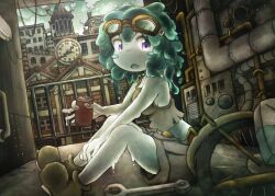 1girl :o bicycle blush_stickers breasts brick_wall brown_footwear building cable can chimney clock clock_tower cloud cloudy_sky commentary_request door dripping dutch_angle full_body goggles goggles_on_head green_hair grey_shorts holding holding_can kuramono-mochi looking_at_viewer medium_breasts medium_hair midriff monster_girl original purple_eyes shorts sideboob sitting sky slime_girl smoke steampunk tower wheel window wrench
