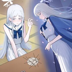 aoi_riko blue_archive blue_haori colored_eyelashes grey_eyes hair_ornament halo haori highres hyakkaryouran_(blue_archive) japanese_clothes nagusa_(blue_archive) school_uniform serafuku skirt snowflake_hair_ornament white_eyelashes white_halo white_serafuku white_skirt