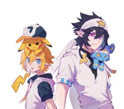 2boys :3 :o absurdres aotu_world bandana baseball_cap black_hair black_hat black_shirt blonde_hair blue_eyes chinese_commentary crossover drawstring gen_1_pokemon gen_4_pokemon hair_between_eyes hat headband height_difference highres hood hood_down hoodie king_(aotu_world) looking_at_viewer male_focus multicolored_hat multiple_boys nintendo on_head on_shoulder open_mouth pikachu pointy_ears pokemon pokemon_(creature) pokemon_on_head pokemon_on_shoulder purple_eyes ray_(aotu_world) shenyinzhilang shinx shirt short_hair short_sleeves simple_background smile star_(symbol) star_print turtleneck upper_body white_background white_hat white_headband white_hoodie yellow_eyes