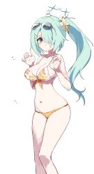 1girl absurdres aqua_hair bikini bikini_top_only blue_archive blush breasts cherry_blossom_print cleavage commentary_request eyewear_on_head floral_print flower flying_sweatdrops front-tie_bikini_top front-tie_top grey_eyes hair_flower hair_ornament hair_over_one_eye hair_scrunchie hairclip halo highres hiyori_(blue_archive) hiyori_(swimsuit)_(blue_archive) kinbakuman large_breasts legs_together long_hair looking_at_viewer navel official_alternate_costume open_mouth orange_bikini ponytail scrunchie side_ponytail solo sunglasses swimsuit white_background