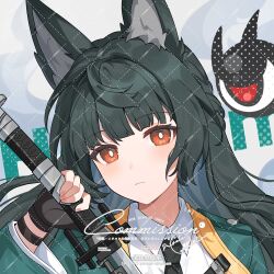 abby_riddle absurdres animal_ear_fluff animal_ears aqua_jacket black_hair black_necktie blunt_bangs closed_mouth collared_shirt eyeball fingerless_gloves fox_ears fox_girl gloves highres holding holding_sword holding_weapon hoshimi_miyabi jacket katana long_hair necktie portrait red_eyes shirt single_fingerless_glove sword tailless_(zenless_zone_zero) weapon white_shirt zenless_zone_zero