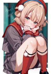1girl absurdres black_shirt blonde_hair blue_skirt blush border commentary_request fujisaki_hikari green_eyes hair_ornament hair_rings hat highres indie_virtual_youtuber knees_together_feet_apart knees_up looking_at_viewer miniskirt outside_border pinstripe_pattern pinstripe_shirt pinstripe_skirt pom_pom_(clothes) pom_pom_hair_ornament red_hat red_sailor_collar red_socks sailor_collar shigure_ui_(vtuber) shigure_ui_(vtuber)_(1st_costume) shirt short_hair skirt socks solo striped_clothes striped_shirt striped_skirt thighs vertical-striped_clothes vertical-striped_shirt vertical-striped_skirt virtual_youtuber white_border