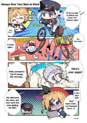 2girls :&gt; :d :o ^_^ absurdres accident arrow_(symbol) bicycle black_boots blazer blue_eyes blue_hair blue_hat blue_jacket blue_necktie boots braid broken_wall brown_hair buttons chibi chibi_only closed_eyes closed_mouth collared_shirt commentary copyright_notice crash crown_braid donna_(stella_sora) double-breasted english_commentary english_text flower freesia_(stella_sora) grey_skirt hair_flower hair_ornament hairclip hat highres holding holding_paper house index_fingers_together jacket long_hair miniskirt multicolored_hair multiple_girls necktie official_art open_mouth own_hands_together pantyhose paper parallel_hairclips pleated_skirt red_eyes red_hat red_shirt riding riding_bicycle shaded_face shirt side_ponytail skirt smile sound_effects speech_bubble stella_sora streaked_hair through_wall white_flower white_hair white_pantyhose