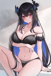 1girl 7nopi absurdres arm_under_breasts asymmetrical_horns black_bra black_hair black_panties blue_hair bra breasts cleavage closed_mouth colored_inner_hair commentary demon_horns fang flower hair_between_eyes highres hololive hololive_english horn_flower horns knee_up large_breasts long_hair looking_at_viewer mole mole_under_eye multicolored_hair navel nerissa_ravencroft panties red_eyes sidelocks sitting skin_fang slit_pupils solo stomach strap_slip underwear underwear_only uneven_horns very_long_hair virtual_youtuber