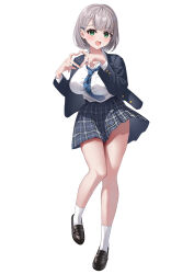 1girl absurdres aqua_eyes black_shoes coat collared_shirt grey_hair highres hololive looking_at_viewer nikahoshikuzu open_clothes open_coat open_mouth plaid_clothes plaid_skirt school_uniform shirogane_noel shirt shoes short_hair simple_background skirt solo virtual_youtuber