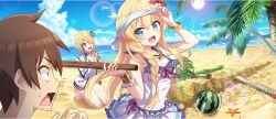 1boy 2girls :d armpit_crease beach blindfold blonde_hair blue_eyes blue_flower blue_sky blue_streaks bracelet braid breasts brown_hair casual_one-piece_swimsuit claire_(konosuba) cleavage cloud cloudy_sky collarbone covered_navel creature day flower food frilled_one-piece_swimsuit frills fruit game_cg hair_flower hair_ornament hair_over_one_eye head_tilt hibiscus highres holding holding_stick horizon iris_(konosuba) jacket jewelry kneeling kono_subarashii_sekai_ni_shukufuku_wo! konosuba!_fantastic_days long_hair looking_at_another mole mole_under_eye multicolored_hair multiple_girls necklace ocean official_alternate_costume official_art one-piece_swimsuit one_eye_covered open_mouth outdoors palm_tree pink_ribbon red_flower ribbon sand satou_kazuma shade shadow short_hair side_braid sidelocks sky small_breasts smile starfish stick streaked_hair suikawari sun sunlight swimsuit tree water watermelon white_jacket white_one-piece_swimsuit wrist_cuffs
