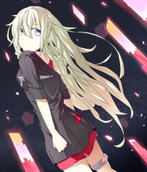 1girl black_ribbon blue_eyes braid breasts closed_mouth dress grey_hair hair_ribbon highres ia_(vocaloid) jewelry light_frown long_hair oversized_clothes red_dress ribbon roku-chou_nen_to_ichiya_monogatari_(vocaloid) side_braid single_off_shoulder sleeves_rolled_up small_breasts sweater thighlet twin_braids very_long_hair vocaloid yakyou