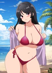 Rule 34 | 1girl, aged up, beach, bikini, black hair, blue sky, blush, breasts, brown eyes, cleavage, cloud, commentary request, contrapposto, creatures (company), day, game freak, highres, horizon, kinako mochi (pixiv100419090), large breasts, long hair, navel, nintendo, nose blush, ocean, outdoors, palm tree, pokemon, pokemon frlg, purple shirt, red bikini, sabrina (pokemon), shirt, side-tie bikini bottom, sky, smile, solo, swimsuit, tree, undressing