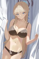 Rule 34 | 1girl, absurdres, black bra, black halo, black panties, blonde hair, blue archive, blue bow, blue eyes, bow, bow bra, bow panties, bra, breasts, cleavage, closed mouth, collarbone, commentary, cowboy shot, curtain grab, curtains, dutch angle, gejiu, hair bow, hair over shoulder, halo, hands up, head tilt, highres, large breasts, light smile, long hair, long sidelocks, navel, panties, sidelocks, solo, standing, stomach, toki (blue archive), underwear, underwear only, very long hair