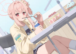 Rule 34 | 1girl, ahoge, animal print, black skirt, blue archive, blush, bright pupils, cake, cat print, chair, feet out of frame, food, hair bun, hair ornament, hair scrunchie, halo, highres, holding, holding food, hotarihotaru, indoors, jacket, long hair, long sleeves, looking at viewer, natsu (band) (blue archive), natsu (blue archive), open clothes, open jacket, pink hair, pink halo, pleated skirt, red eyes, scrunchie, shirt, single hair bun, single side bun, skirt, socks, solo, table, white pupils, white shirt, white socks, yellow jacket, yellow scrunchie