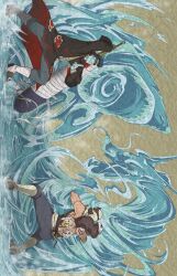2boys :d absurdres akatsuki_uniform blue_eyes blue_hair blue_skin colored_skin forehead_protector full_body grin highres holding holding_sword holding_weapon hoshigaki_kisame i-love-poke kakuzu_(naruto) long_sleeves male_focus mask mouth_mask multiple_boys naruto_(series) naruto_shippuuden ninja ninja_mask open_mouth samehada_(naruto) sharp_teeth smile standing sword teeth water weapon weapon_on_back
