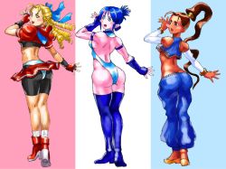 Rule 34 | 3girls, ass, blair dame, blonde hair, blue eyes, blue hair, breasts, brown eyes, brown hair, capcom, crop top, detached sleeves, gloves, green eyes, hair ribbon, high heels, highres, kanzuki karin, leotard, medium breasts, multiple girls, pants, ponytail, pullum purna, ribbon, school uniform, shoes, shorts, skirt, slippers, street fighter, street fighter ex (series), underboob, underwear