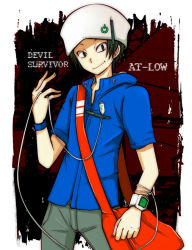 1boy bad_id bad_pixiv_id bag beanie black_eyes black_hair blue_shirt cable devil_survivor_(series) devil_survivor_1 digital_media_player hat ka_75 kihara_atsurou male_focus messenger_bag shirt shoulder_bag smile solo usb watch wristband wristwatch