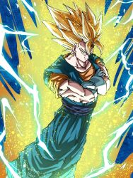 Rule 34 | 1boy, aura, blonde hair, blue background, blue pants, blue sash, blue shirt, crossed arms, dougi, dragon ball, dragonball z, earrings, electricity, gloves, green eyes, jewelry, looking at viewer, male focus, medium hair, muscular, muscular male, neophyte illust, orange shirt, pants, potara earrings, sash, shirt, smirk, solo, spiked hair, super saiyan, vegetto, white gloves