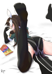 1girl akashieru ass black_gloves brown_hair chips_(food) elbow_gloves food from_behind gloves green_shirt highres kantai_collection long_hair lying meme military_uniform on_stomach one-hour_drawing_challenge pelvic_curtain potato_chips schrodinger&#039;s_panties_(meme) shirt simple_background single_elbow_glove solo tone_(kancolle) tone_kai_ni_(kancolle) twintails white_background