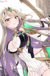 blonde_hair breasts dress long_hair mythra_(xenoblade) smile sword watermark weapon white_background xenoblade yellow_eyes