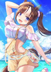 1girl :d absurdres animal_ears bare_shoulders bead_necklace beads bikini_top_on_head boater_hat brown_hair ears_through_headwear hair_ornament hair_scrunchie hat highres hokko_tarumae_(pastel_marine_locadol)_(umamusume) hokko_tarumae_(umamusume) horse_ears horse_girl horse_tail jewelry leg_up long_hair looking_at_viewer necklace official_alternate_costume official_alternate_hairstyle open_mouth overall_skirt overalls purple_eyes purple_scrunchie scrunchie see-through_bag side_ponytail signature smile solo striped_hair tail tilted_headwear umamusume white_hair yellow_hat yellow_overalls yoru_usagi