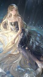 Rule 34 | 1girl, absurdly long hair, artist request, bare shoulders, black dress, blonde hair, bracelet, chain, chest jewel, circlet, collarbone, cropped, crystal, dozing crescent (shining nikki), dress, expressionless, eyelashes, foot out of frame, game cg, gem, gold armlet, gold bracelet, gold chain, gold circlet, gold necklace, gown, green eyes, grey shoes, hair ornament, hair spread out, high heels, jewelry, light particles, lipstick, long dress, long hair, looking at viewer, lying, makeup, multiple bracelets, necklace, night, nikki (series), official art, on side, outdoors, parted lips, rain, red lips, shining nikki, shoes, solo, star (symbol), star hair ornament, strapless, strapless dress, teeth, third-party edit, third-party source, very long hair, wavy hair, white gemstone, yesenia (shining nikki)