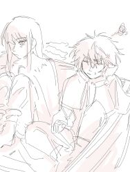 2boys annoyed canute closed_eyes closed_mouth eyebrows eyebrows_hidden_by_hair hand_on_own_face highres looking_at_another male_focus messy_hair multiple_boys parted_lips prince sidelocks simple_background sitting sketch sweat thorfinn viking vinland_saga
