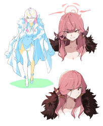 1girl absurdres aru_(blue_archive) blue_archive coat coat_on_shoulders collarbone collared_shirt frown full_body gloves grin halo hand_on_own_hip highres horns index_finger_raised long_sleeves looking_at_viewer multiple_views neck_ribbon open_mouth orange_eyes parack pink_hair portrait ribbon shirt shirt_tucked_in side_slit skirt smile strappy_heels v-shaped_eyebrows white_background