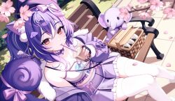 1girl :3 animal_ears bare_shoulders beret black_gloves bow breasts bubble_tea cherry_blossoms choker commentary crop_top cup disposable_cup english_commentary fingerless_gloves frilled_choker frilled_shirt frilled_skirt frills fur_trim gloves hair_bow hat highres indie_virtual_youtuber jacket kiyochii long_hair long_sleeves looking_at_viewer medium_breasts midriff miniskirt multicolored_hair navel off_shoulder open_clothes open_jacket picnic_basket pink_bow ponytail purple_choker purple_hair purple_hat purple_jacket purple_skirt red_eyes shirt skindentation skirt sleeveless sleeveless_shirt solo squirrel_tail streaked_hair tail thighhighs virtual_youtuber white_shirt white_thighhighs zettai_ryouiki