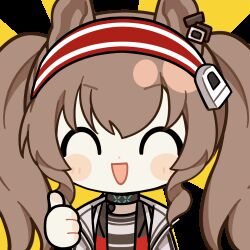 1girl :d angelina_(arknights) animal_ears animated animated_gif arknights black_choker blush brown_hair chinese_commentary choker chunye_haruya closed_eyes coat commentary_request dot_nose earpiece fox_ears hair_between_eyes hairband infection_monitor_(arknights) jacket long_hair looking_at_viewer lowres material_growth open_clothes open_coat open_jacket open_mouth oripathy_lesion_(arknights) red_eyes red_hairband red_jacket second-party_source smile solo striped_clothes striped_hairband thumbs_up transparent_background twintails two-tone_hairband upper_body white_coat