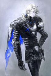 1boy armor black_armor blue_cape breastplate cape clawed_gauntlets closed_mouth commentary_request dimitri_alexandre_blaiddyd dimitri_alexandre_blaiddyd_(timeskip) feet_out_of_frame fire_emblem fire_emblem:_three_houses fur-trimmed_cape fur_trim grey_background hand_on_own_hip highres looking_down male_focus nintendo parted_hair ponytail short_ponytail solo white_fur zcvbnq
