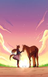 Rule 34 | 1girl, absurdres, animal ears, armband, black pantyhose, blue jacket, boots, bow, brown hair, closed eyes, closed mouth, cloud, dress, ear bow, ear ornament, ear ribbon, el condor pasa (racehorse), el condor pasa (umamusume), emeruga, field, golden generation (umamusume), grass, grass wonder (racehorse), grass wonder (umamusume), highres, horse, horse ears, horse girl, horse tail, jacket, king halo (racehorse), long hair, negative space, open clothes, open jacket, outdoors, pantyhose, red armband, seiun sky (racehorse), sky, smile, special week (racehorse), special week (umamusume), sunset, tail, textless version, umamusume, white dress